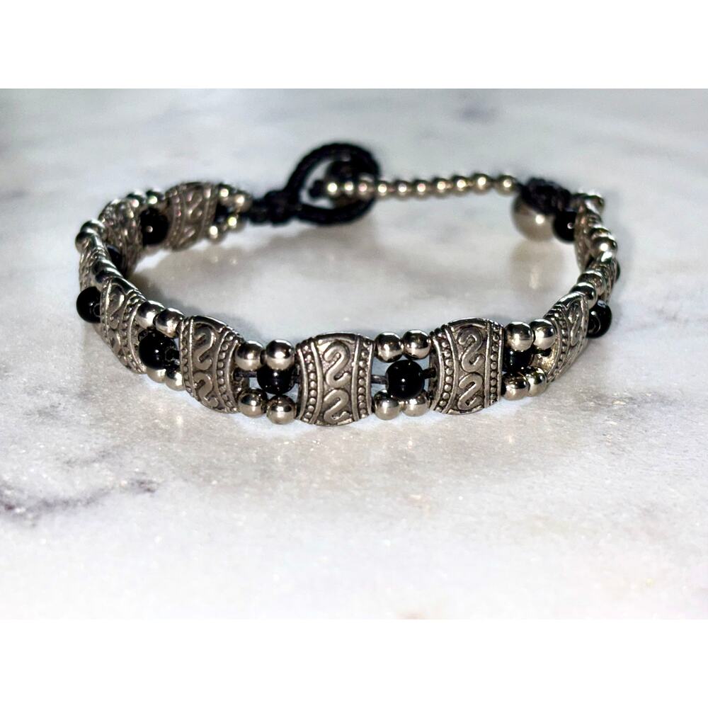 Vintage Silver Bracelet with Black Beaded Accents - Picture 1 of 9